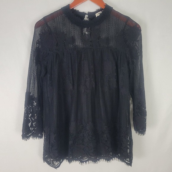 Chance or Fate Womens Blouse Small Top Black Floral Lace Long‎ Sleeve Crew Neck - Picture 1 of 11